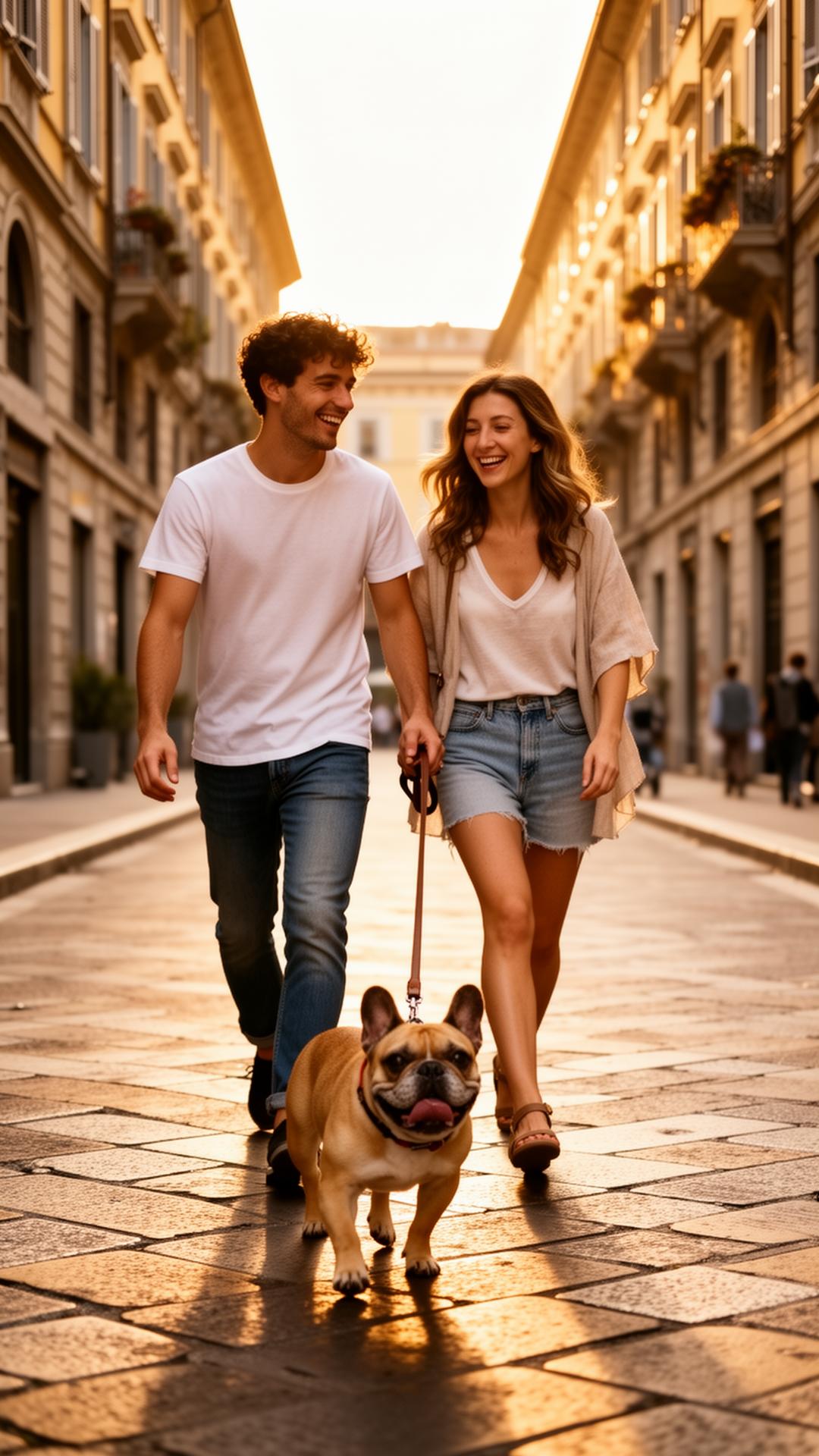 Coppia italiana cammina con il proprio bulldog francese in una via di Milano al tramonto