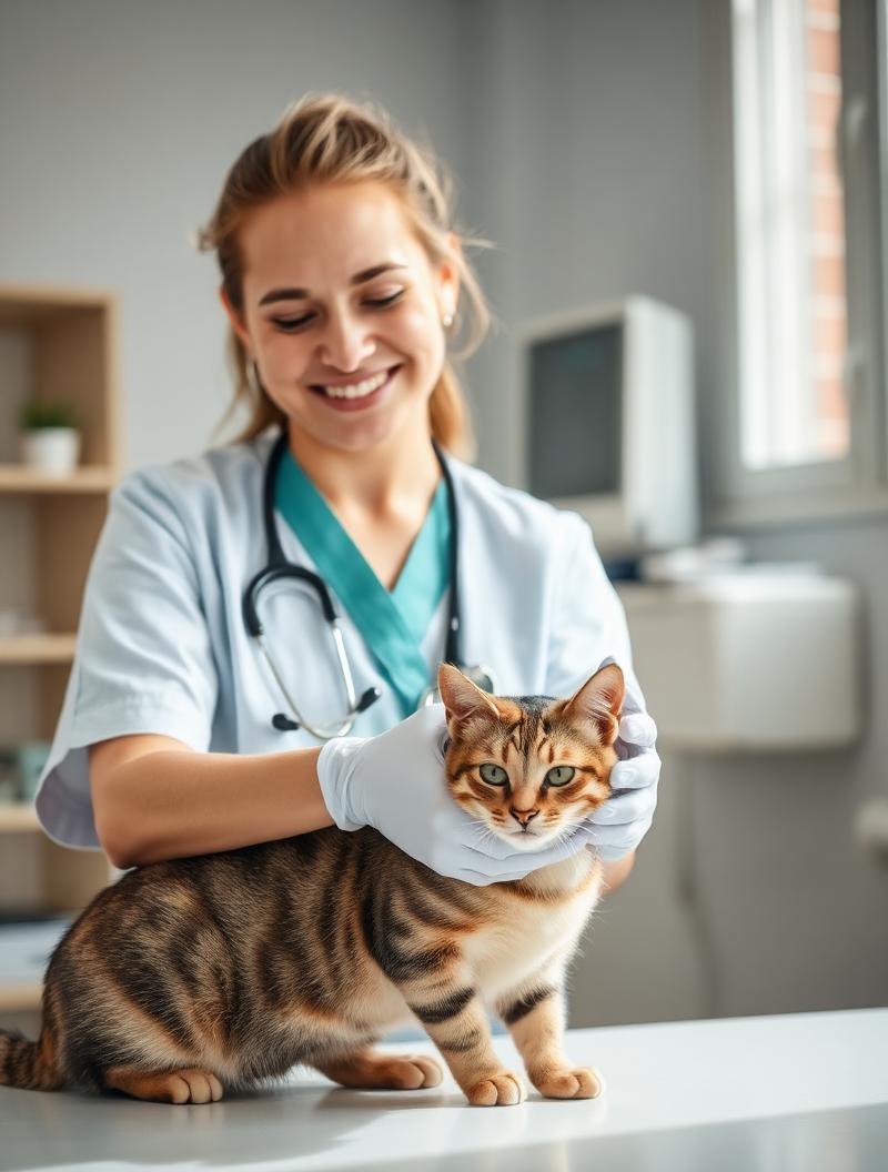Veterinaria visita un gatto tabby